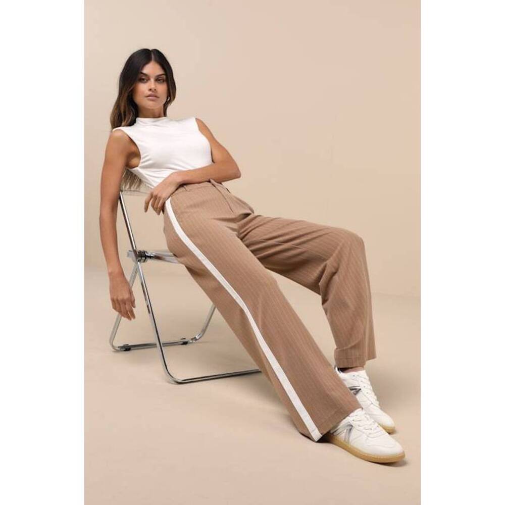 Lulus Cutest Intentions Tan Side Stripe Double-waisted Pants Brown - Size S
